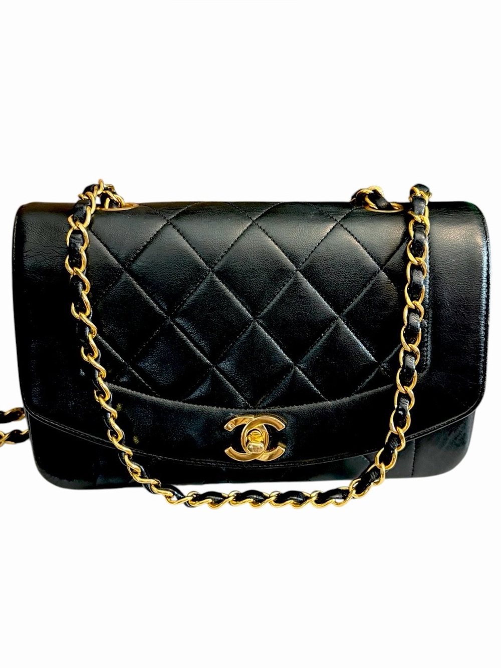 CHANEL DIANA Single Flap Quilted Matelasse Logo Lambskin Chain Bag